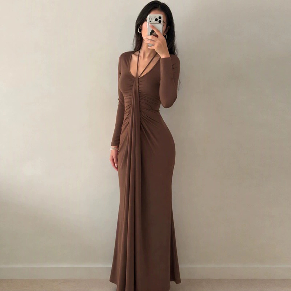 Zara Halter Neck Long Sleeve Pleated Waist Draped Slim Fit Formal Gown